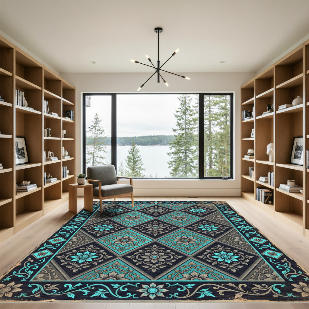 Ornate Turquoise Floral Diamond Border Rug