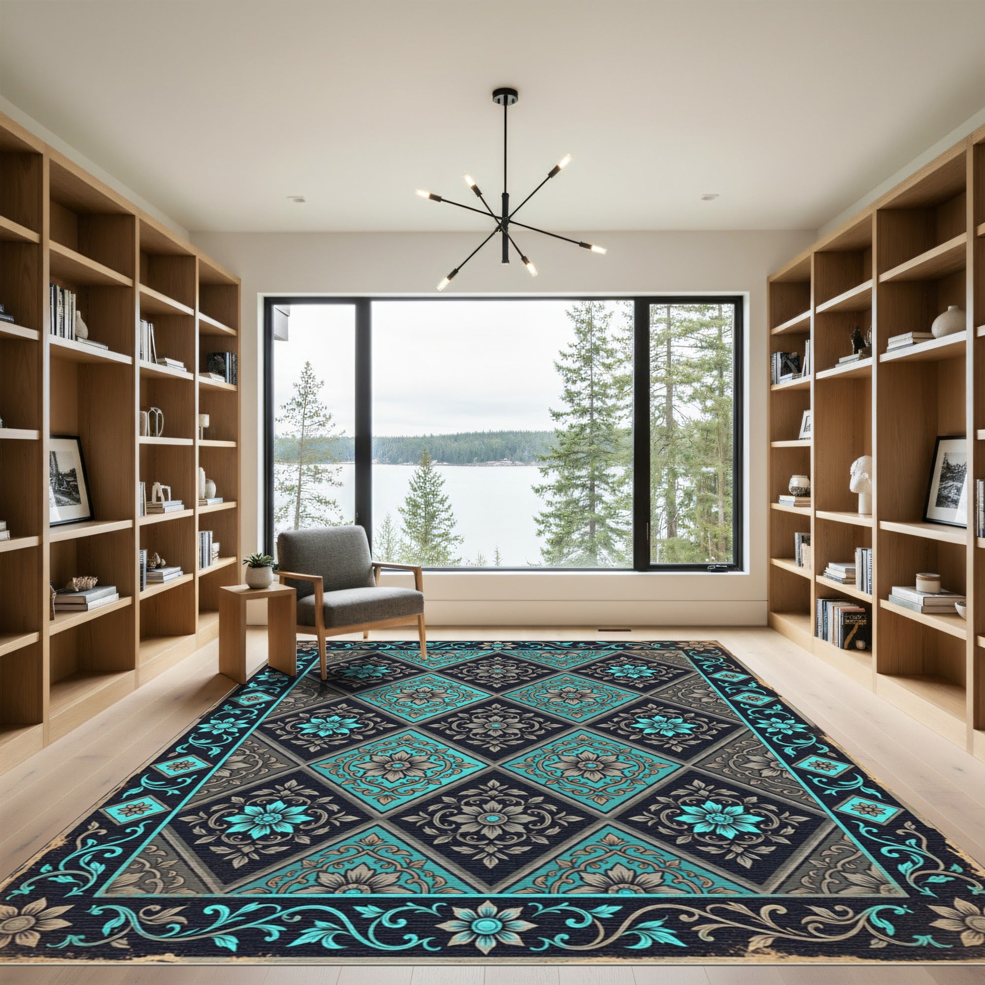 Ornate Turquoise Floral Diamond Border Rug