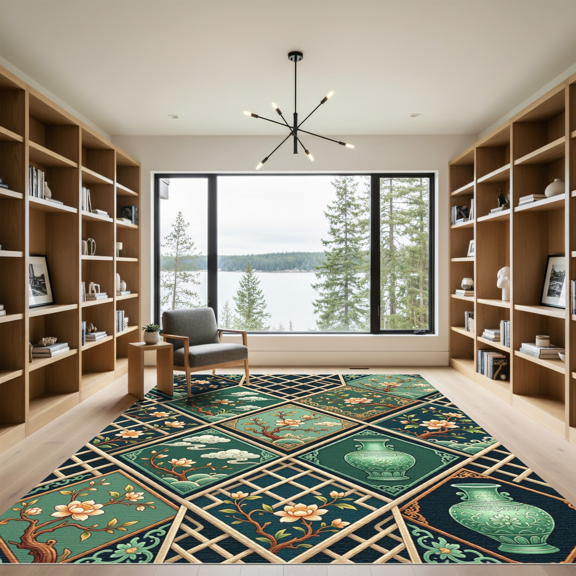 Emerald Lotus Blossom Lattice Tile Rug