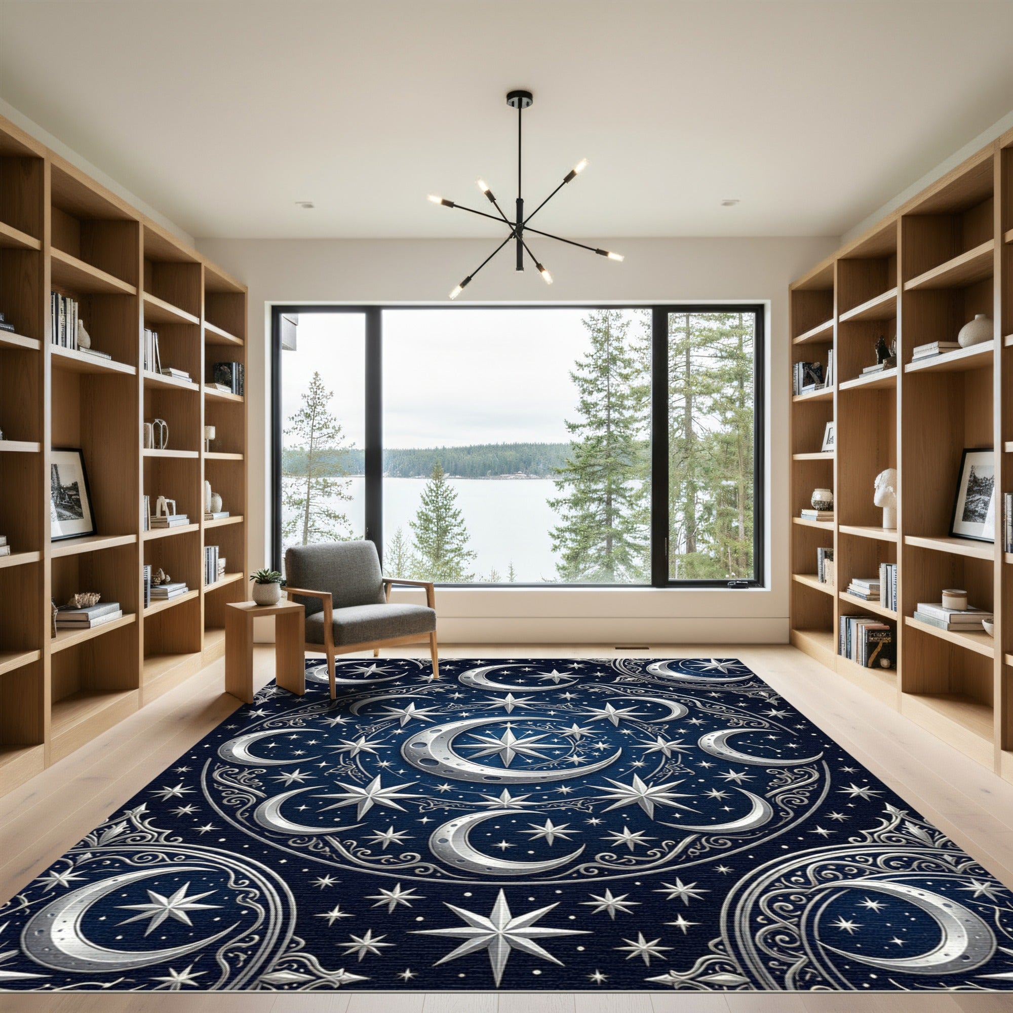 Celestial Navy Silver Crescent Moon Rug