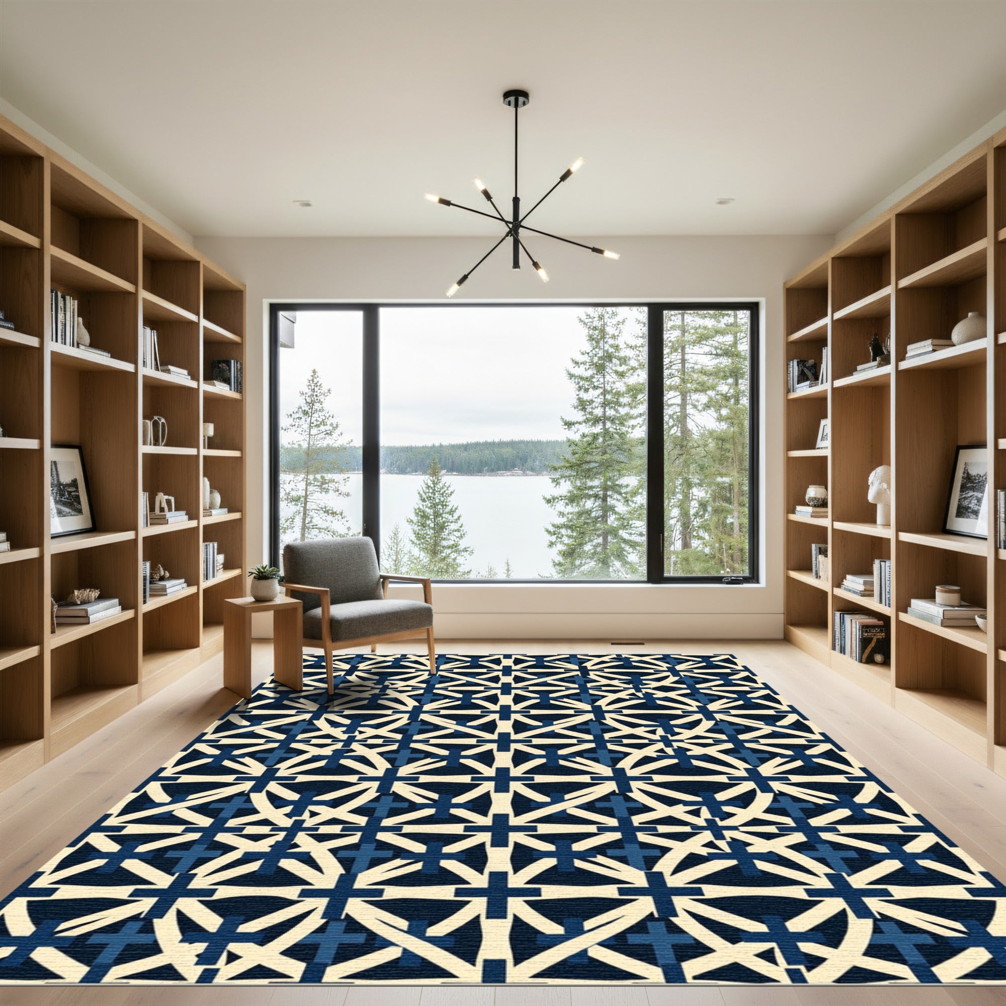 Navy Cream Geometric Cross Lattice Rug
