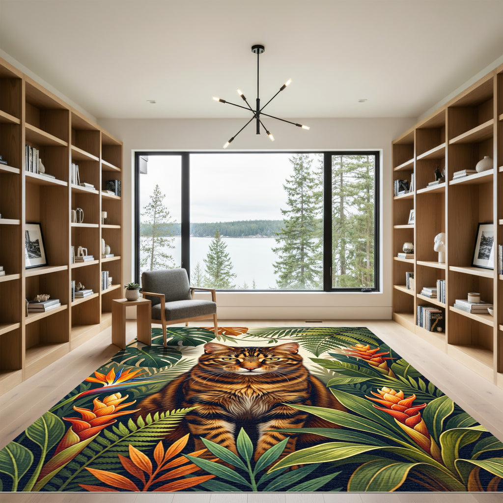 Lush Tropical Tabby Cat Jungle Foliage Rug