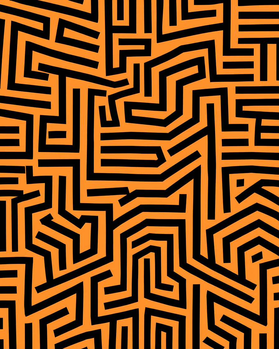 Orange Black Abstract Labyrinth Lines Rug