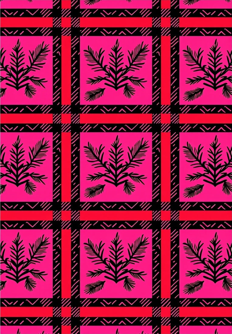 Vibrant Pink Black Floral Plaid Rug