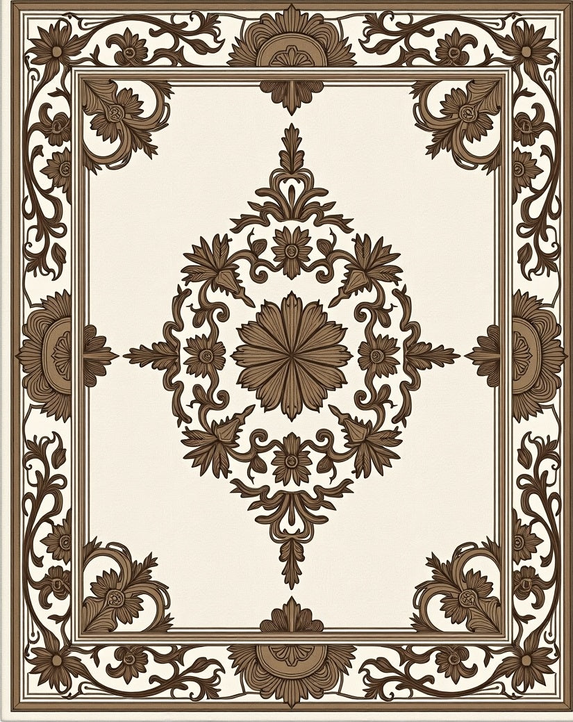 Classic Brown Floral Medallion Border Rug