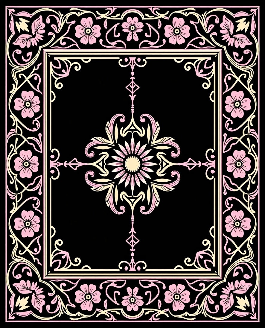 Black Pink Floral Art Nouveau Frame Rug
