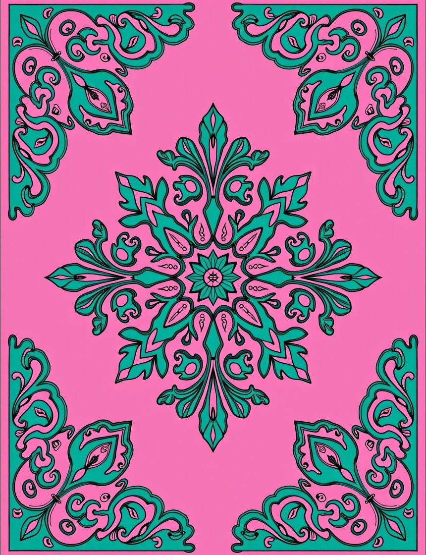 Pink Teal Floral Medallion Corners Rug