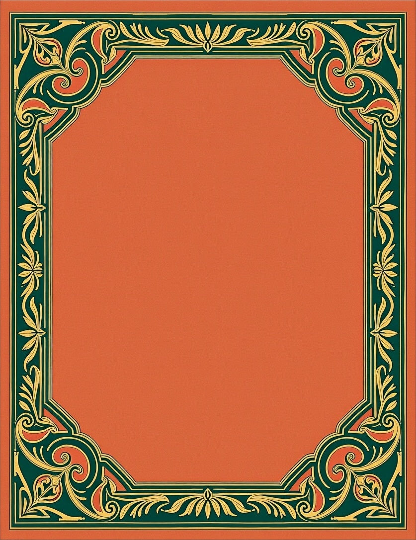Orange Green Gold Floral Scroll Border Rug