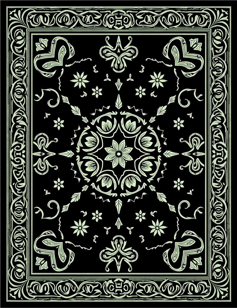 Black Mint Floral Medallion Border Art Rug