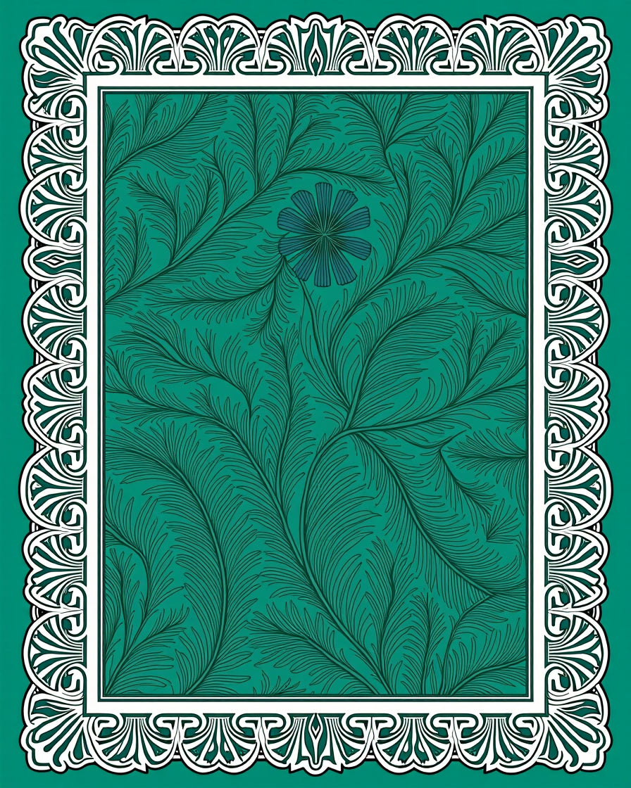 Teal Green Feathered Botanical Border Rug