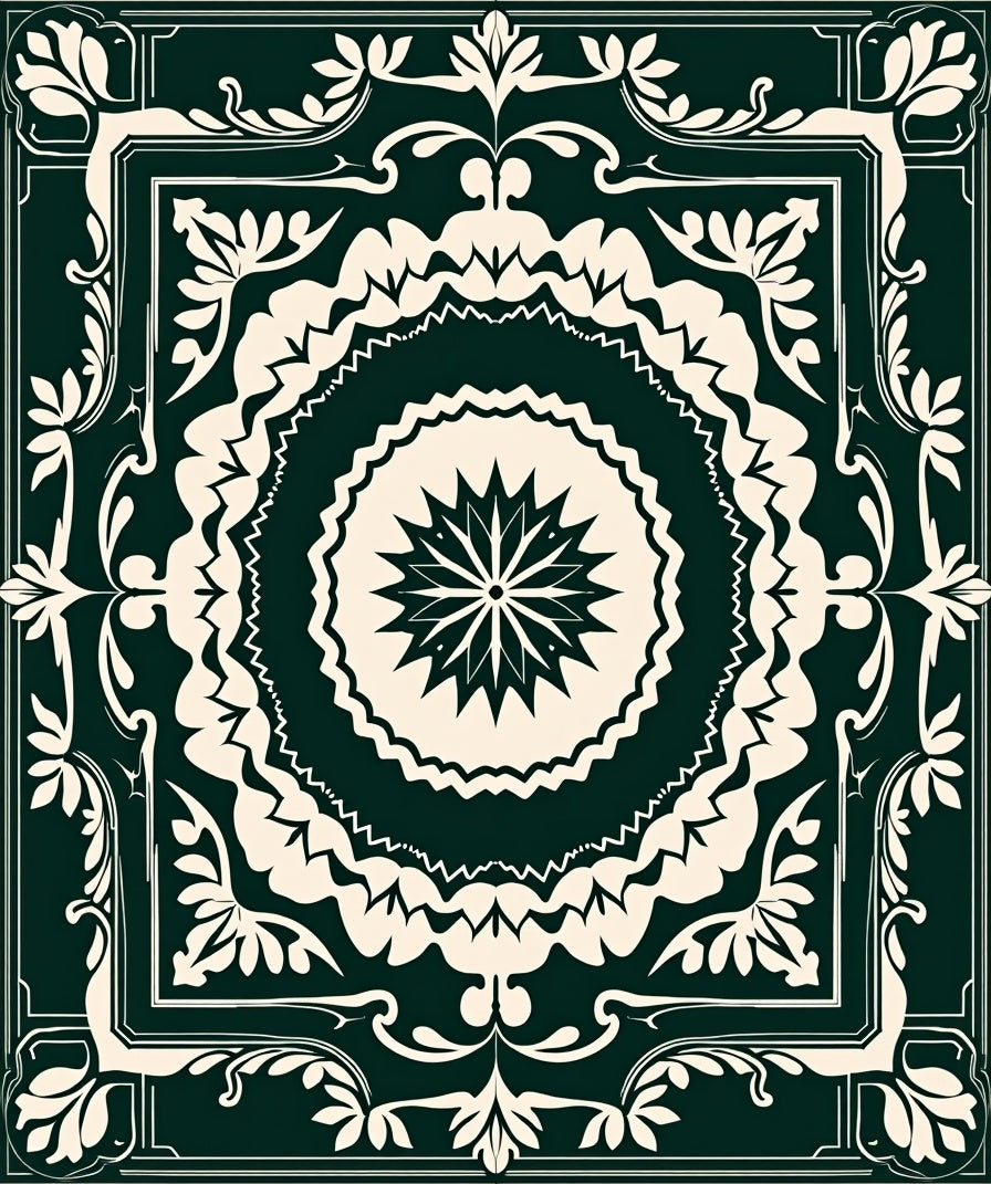 Forest Green Cream Floral Medallion Rug