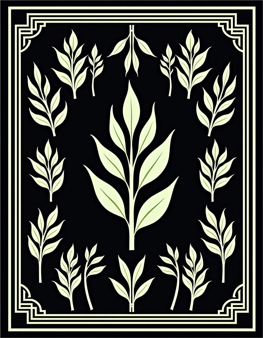 Pale Green Leafy Branches Black Background Rug