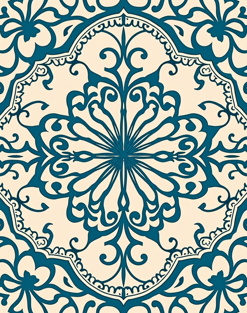Deep Teal Floral Medallion Cream Rug