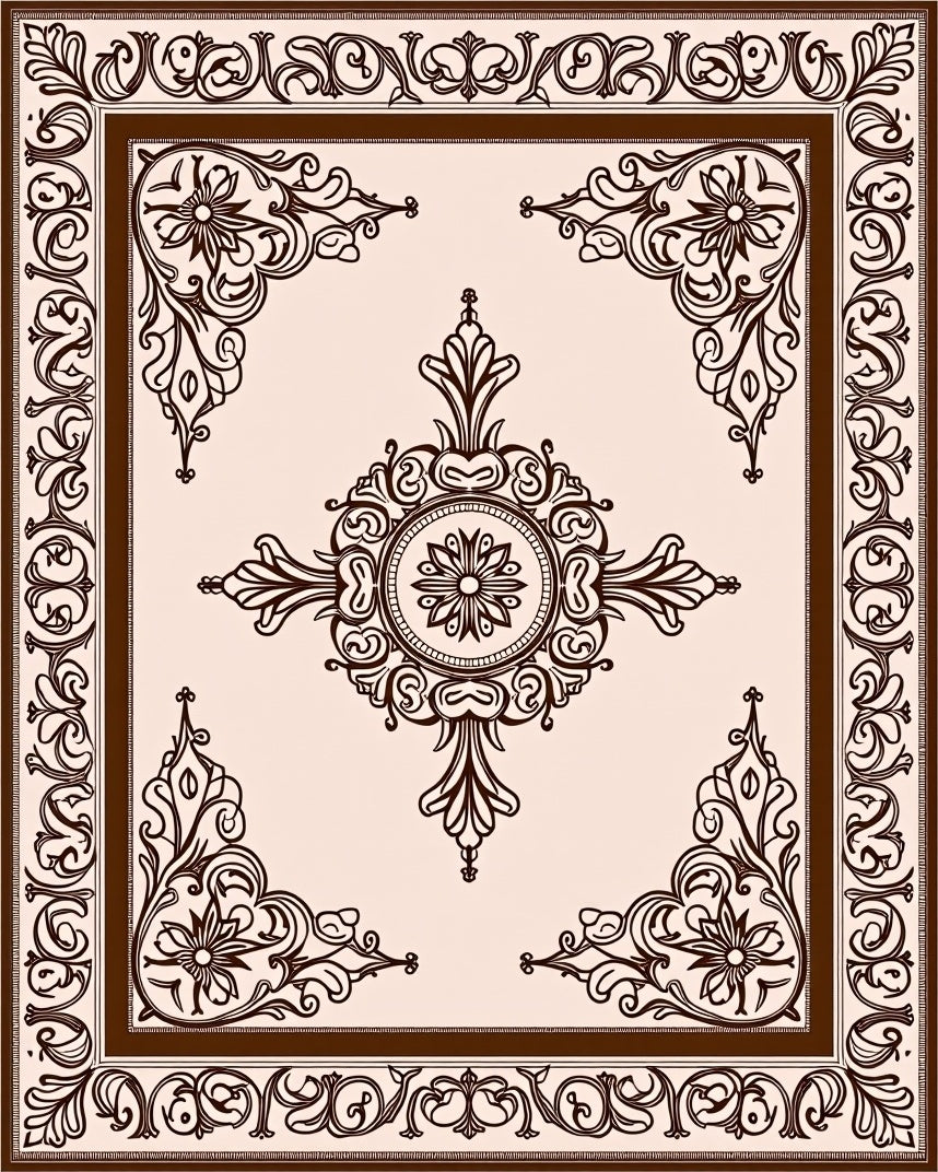 Cream and Brown Baroque Floral Medallion Rug