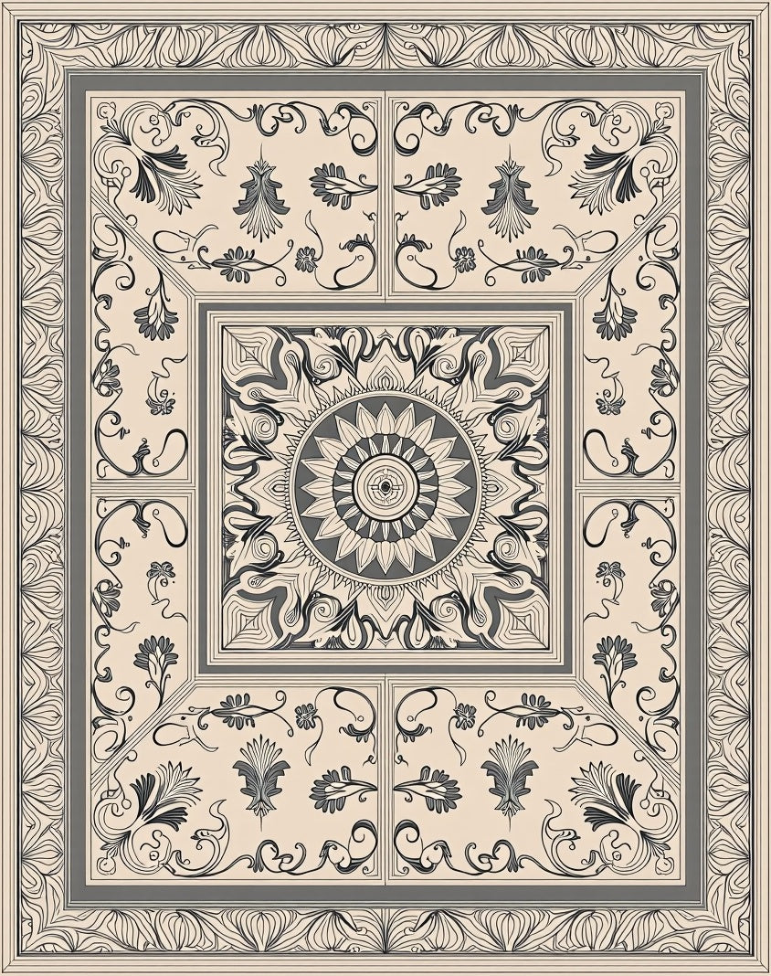 Ornate Beige and Gray Scroll Medallion Rug