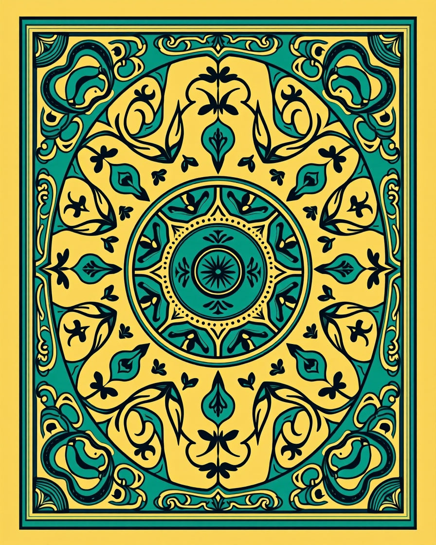 Yellow Teal Floral Mandala Rug