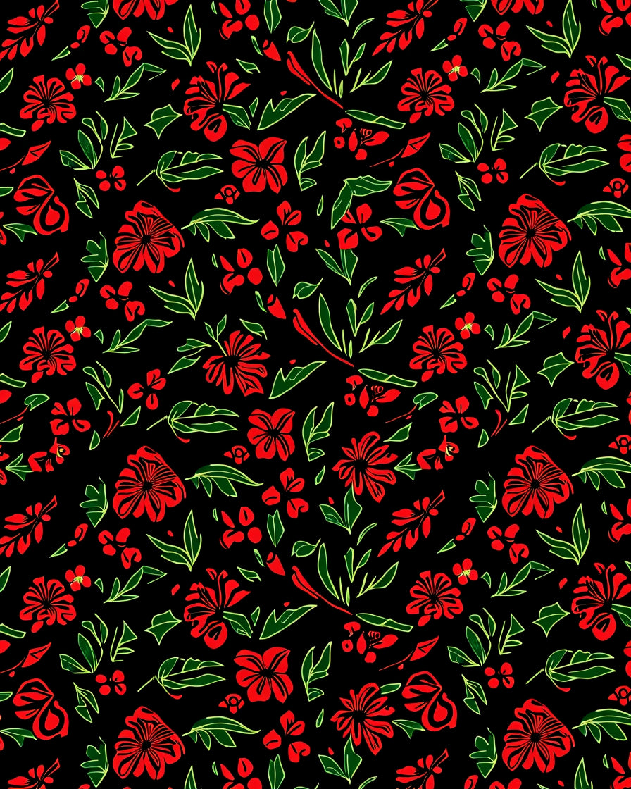 Crimson Red Floral Garden Black Rug