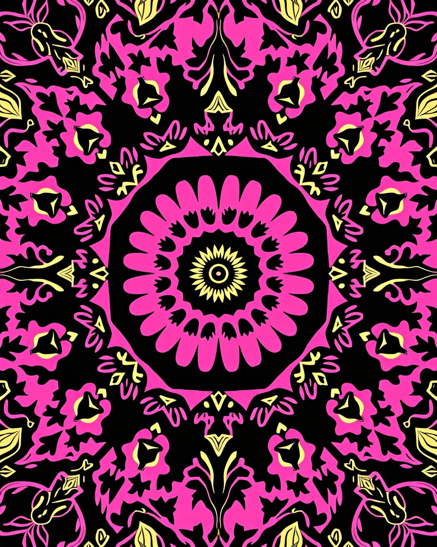 Vibrant Pink Symmetrical Floral Mandala Rug