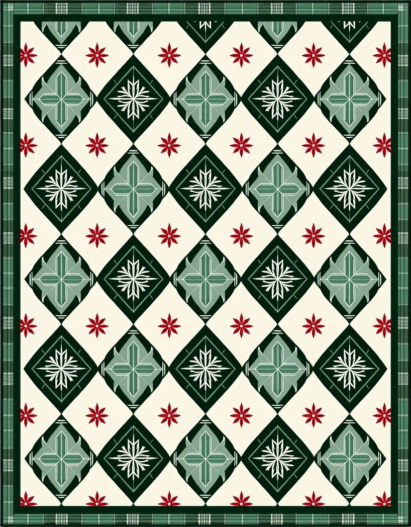 Traditional Red Green Diamond Starburst Plaid Rug