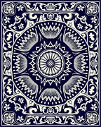 Navy White Floral Medallion Border Rug