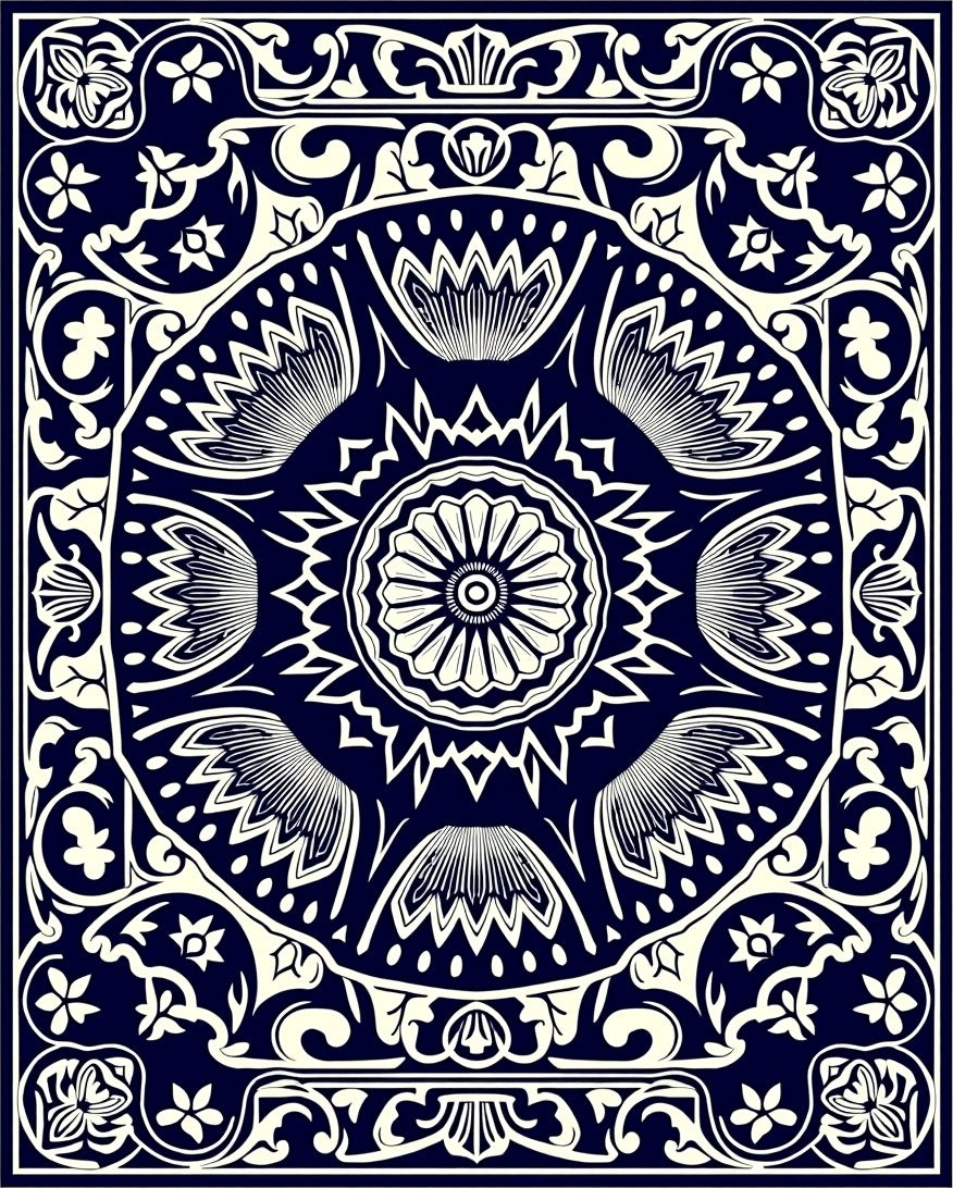 Navy White Floral Medallion Border Rug