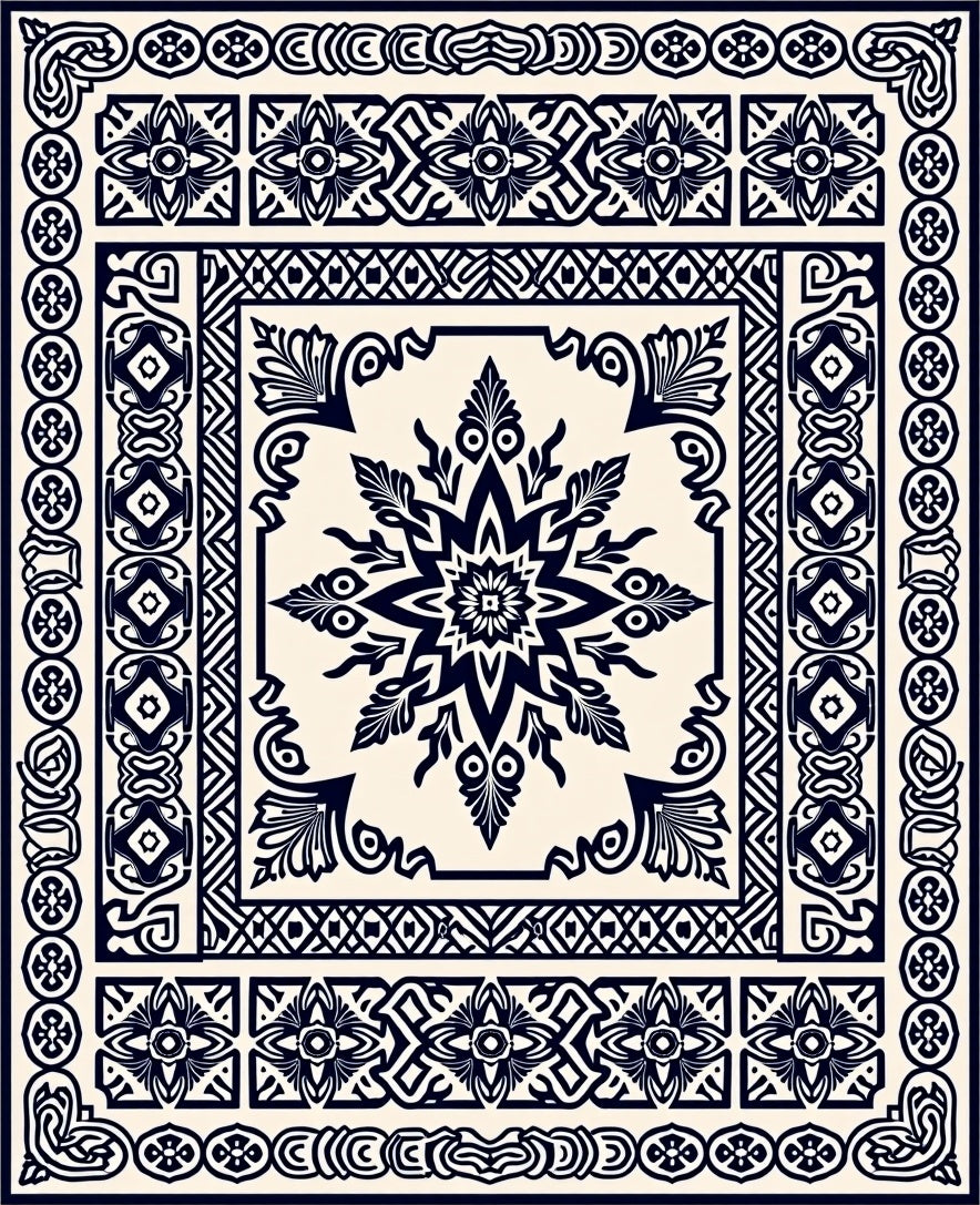 Dark Navy Geometric Medallion Border Rug