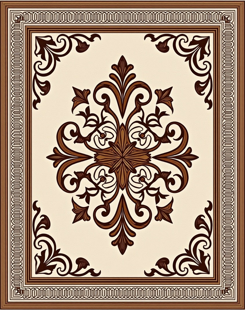 Classic Brown Floral Centerpiece Border Rug