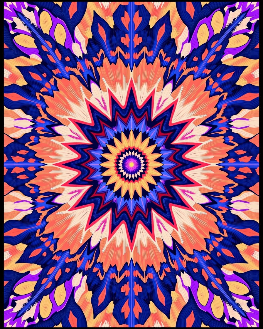 Vibrant Orange Blue Starburst Kaleidoscope Rug