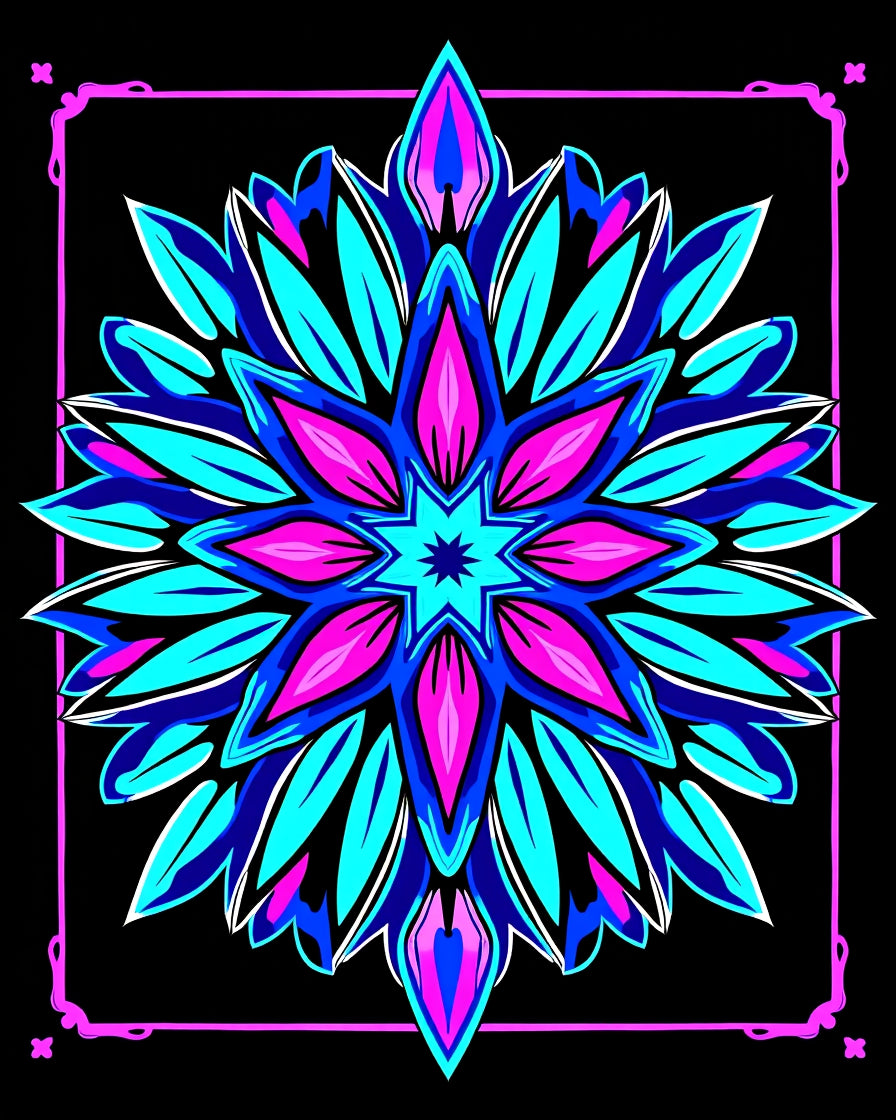 Vibrant Blue Pink Starburst Mandala Rug