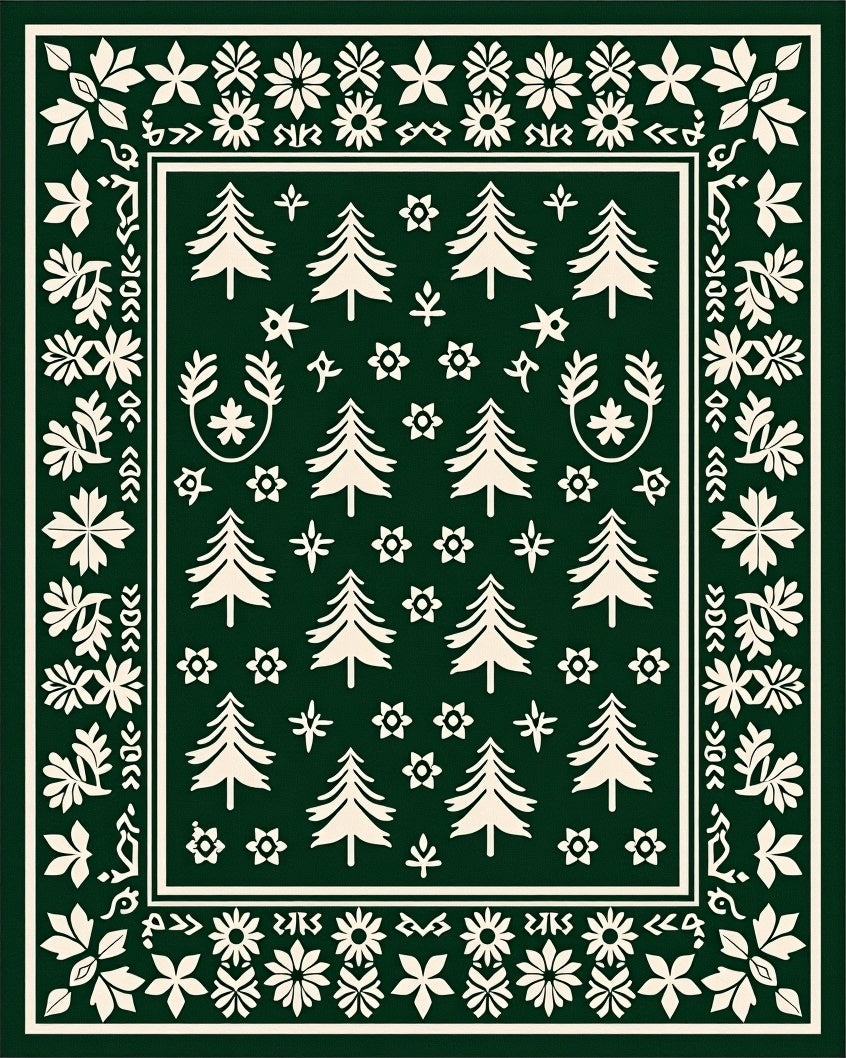 Forest Green Pine Tree Border Rug