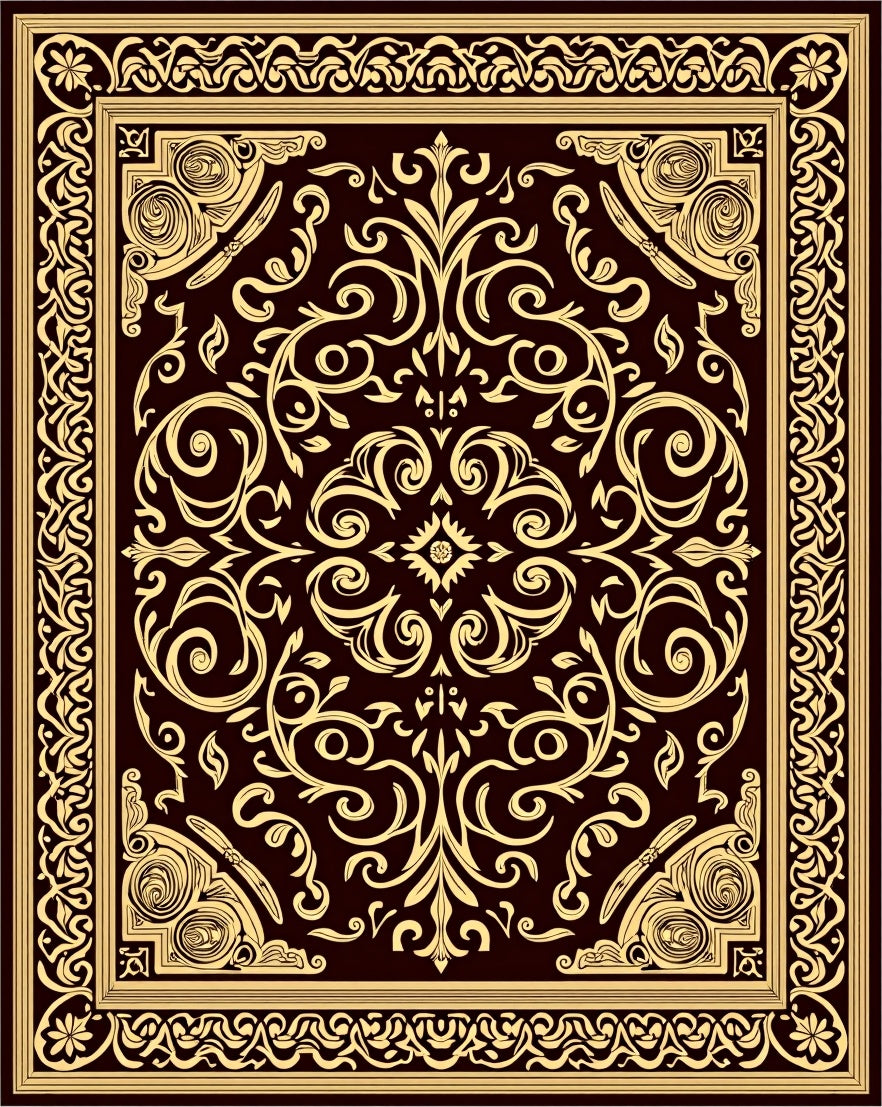Ornate Golden Swirl Floral Border Rug