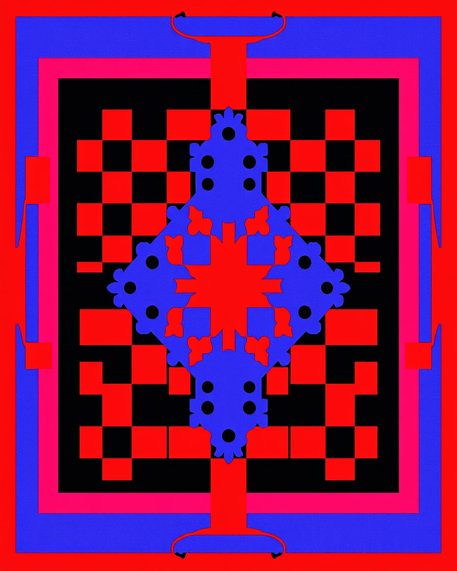 Vibrant Blue Red Checkerboard Mandala Rug
