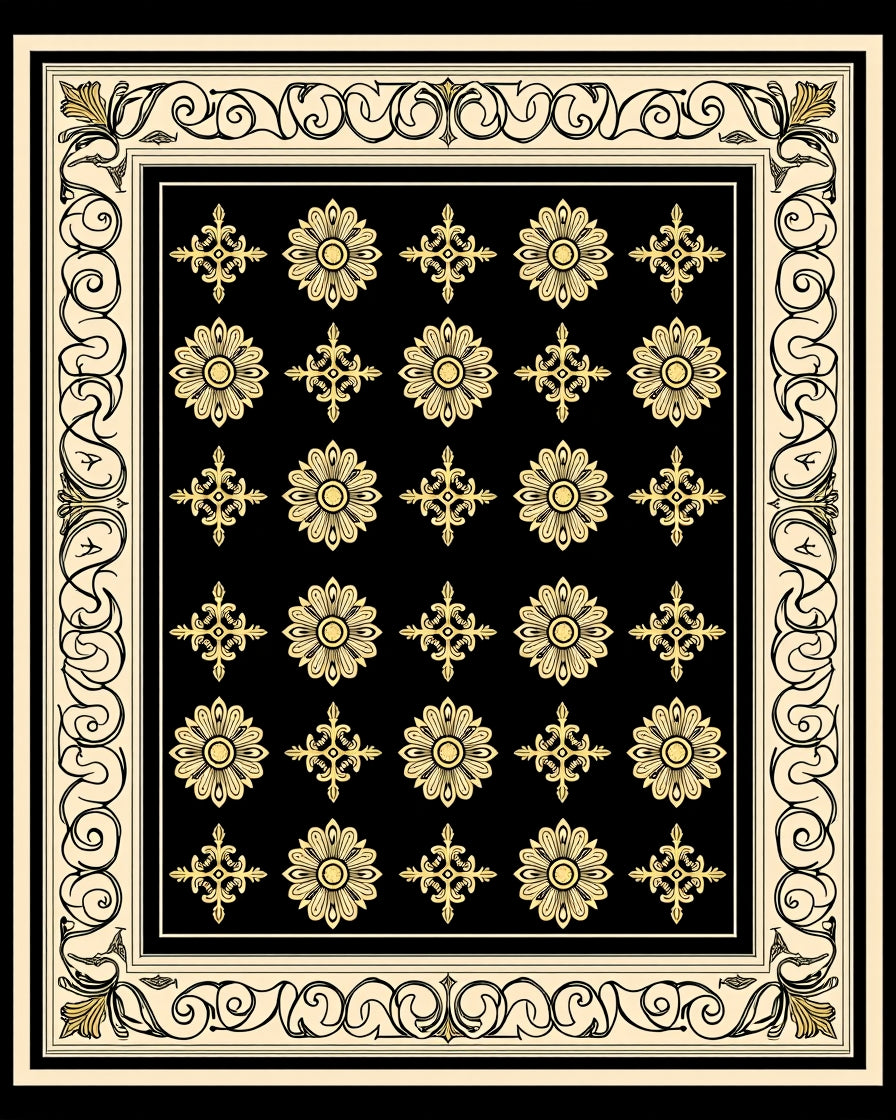 Elegant Black Gold Bloom Scroll Rug