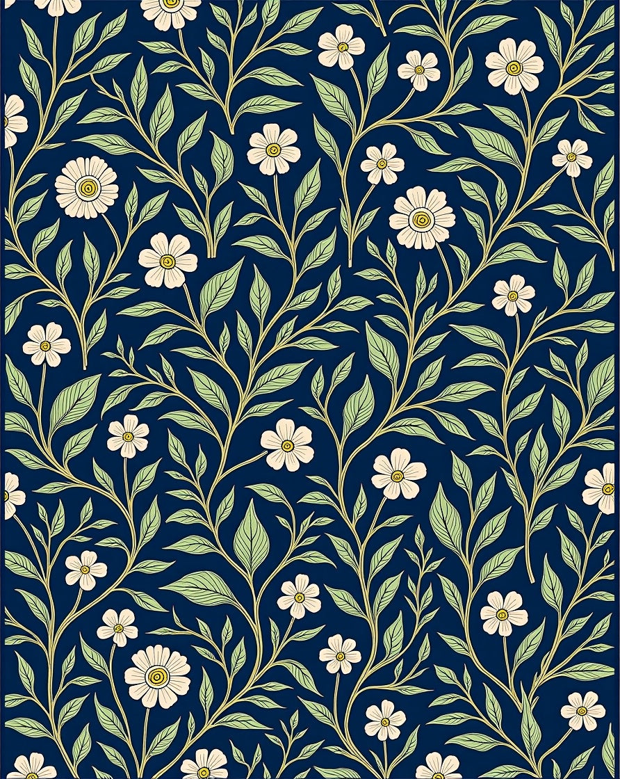 Navy Blue White Floral Vine Rug