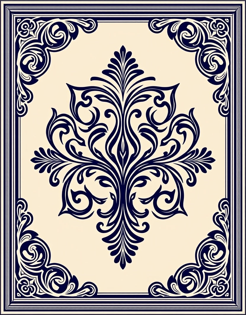 Navy Blue Floral Damask Scroll Rug
