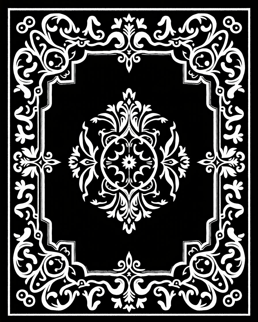 Classic Black White Ornate Frame Rug