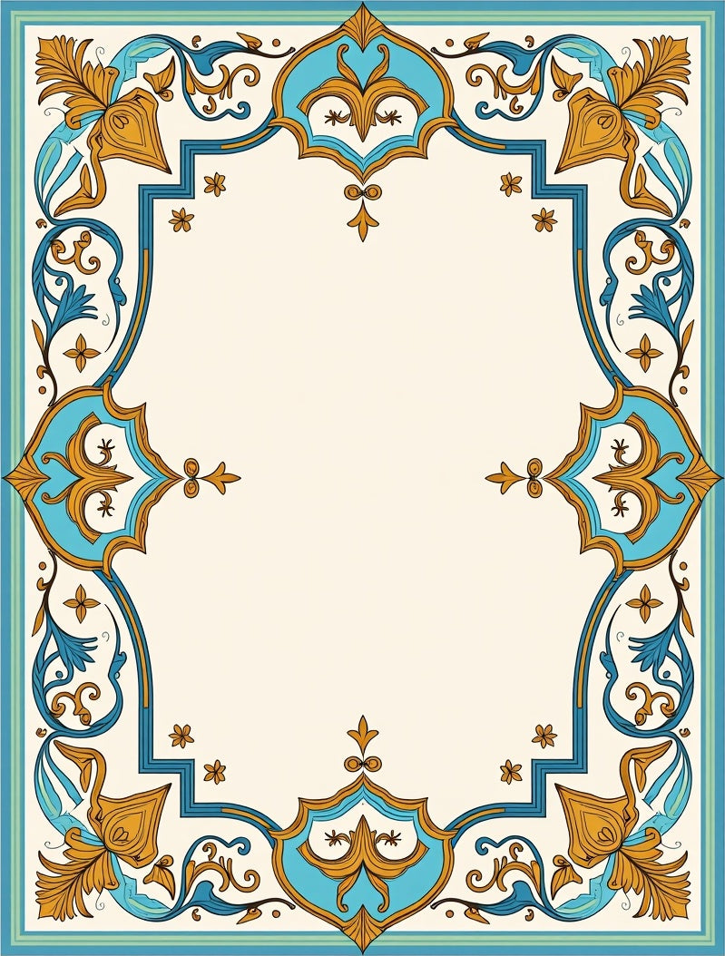 Turquoise Gold Floral Ornamental Border Rug