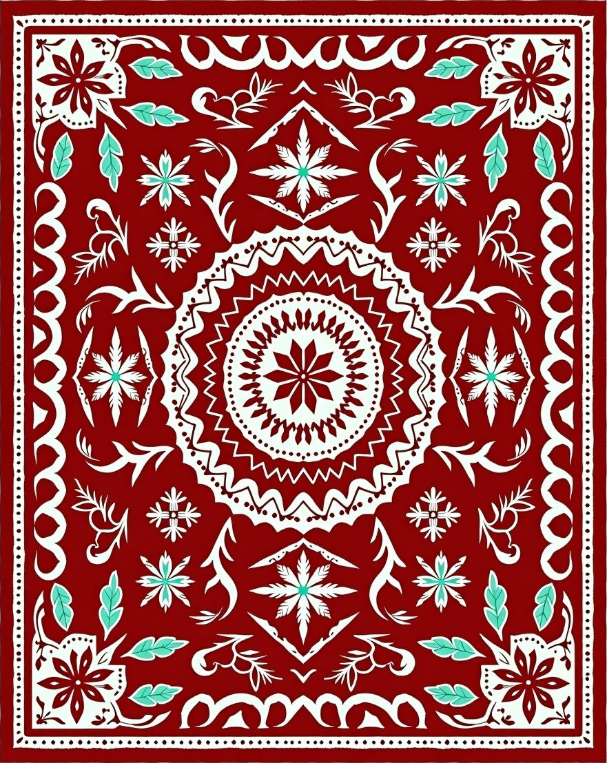 Crimson Tribal Medallion and Leaf Rug