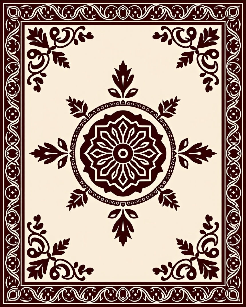 Dark Brown Elegant Floral Medallion Border Rug
