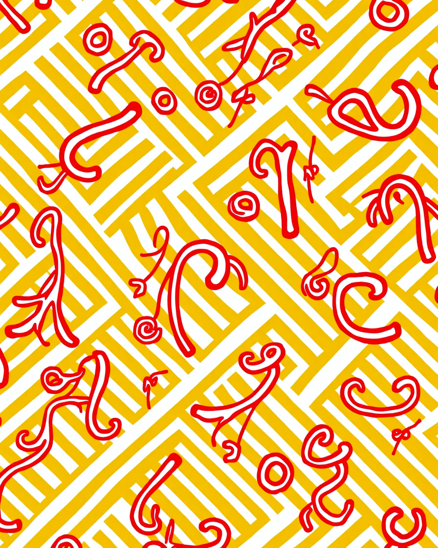 Red Swirls on Yellow Geometric Maze Rug