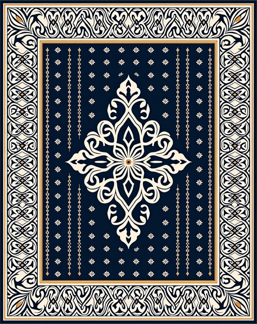 Navy Ivory Floral Medallion Border Rug