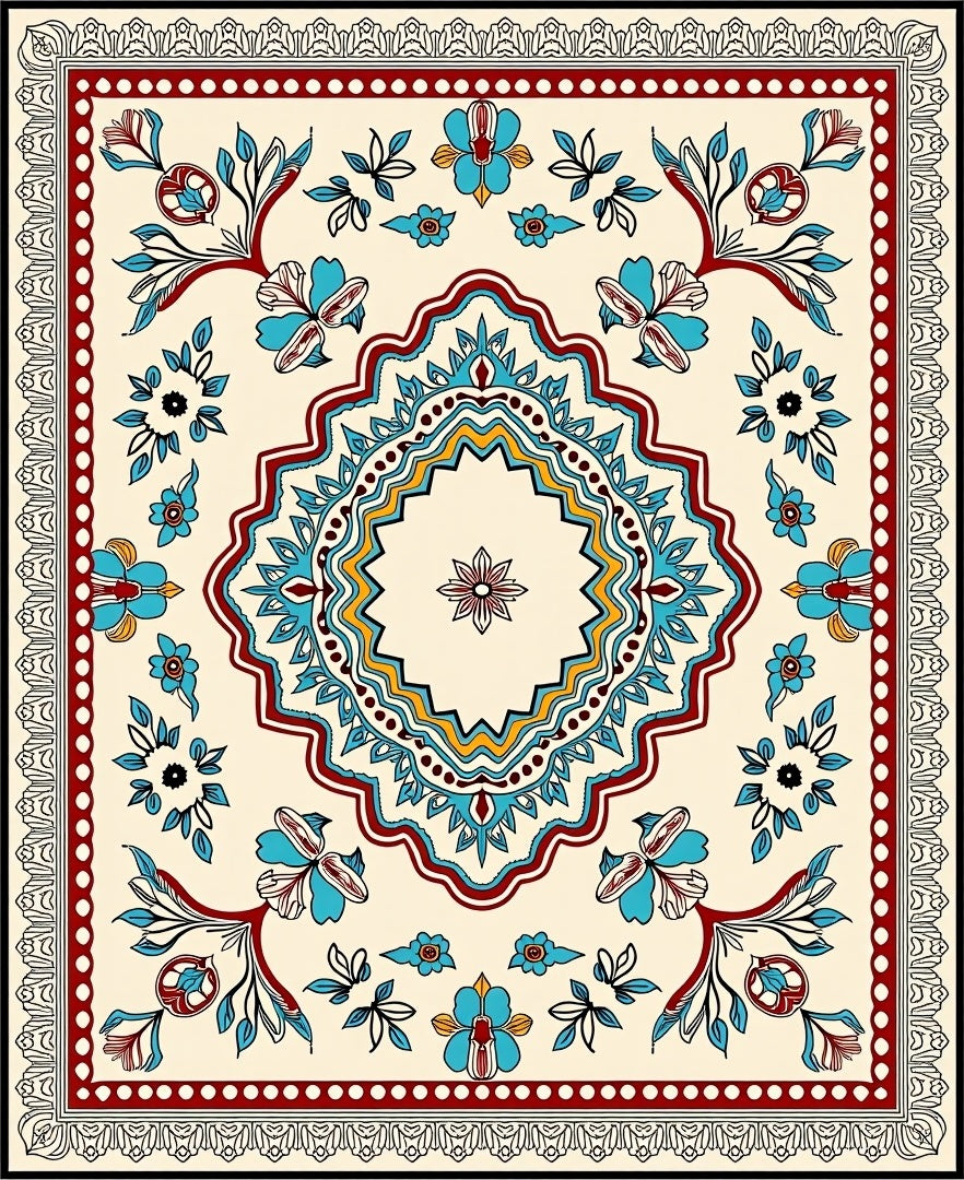 Cream Red Blue Floral Medallion Border Rug