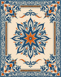 Cream Blue Orange Floral Medallion Border Rug