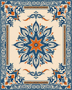 Cream Blue Orange Floral Medallion Border Rug