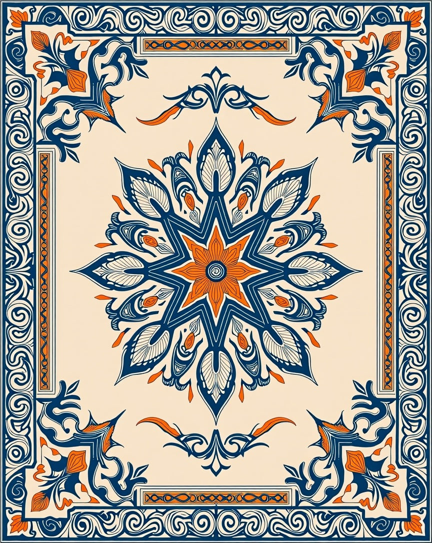 Cream Blue Orange Floral Medallion Border Rug