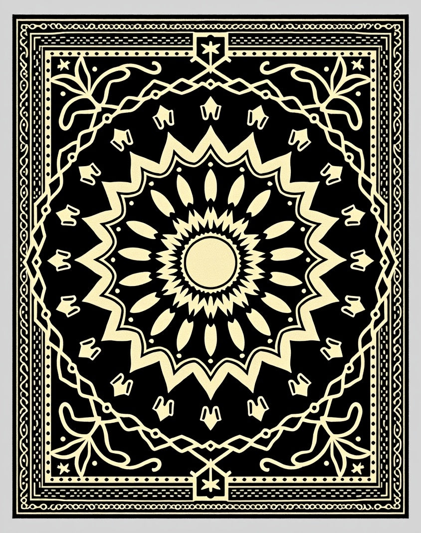 Black And Cream Sunburst Medallion Rug
