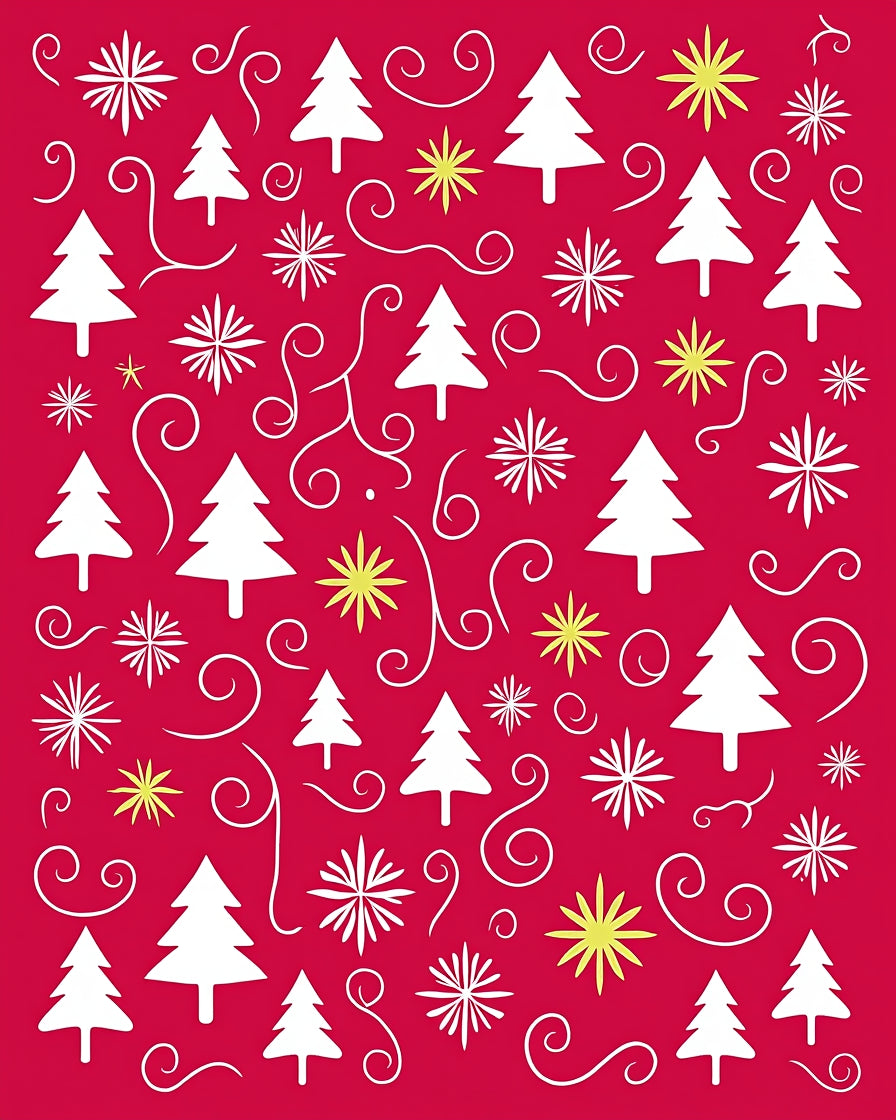 White Pine Tree Snowflake Swirl Red Design Rug