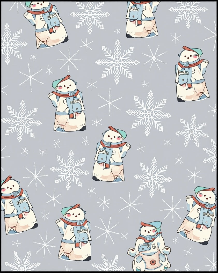 Chubby Snowmen With Snowflakes Gray Background Rug