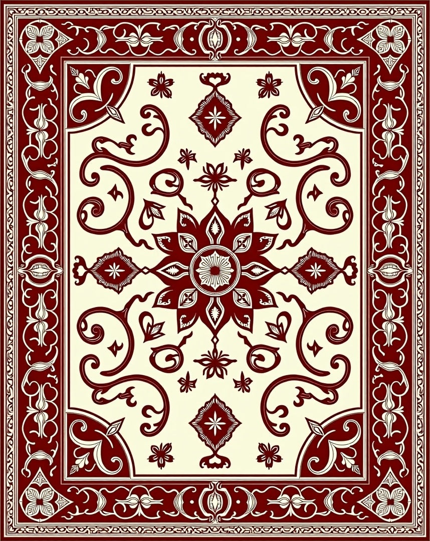 Crimson Floral Scrollwork Medallion Accent Rug