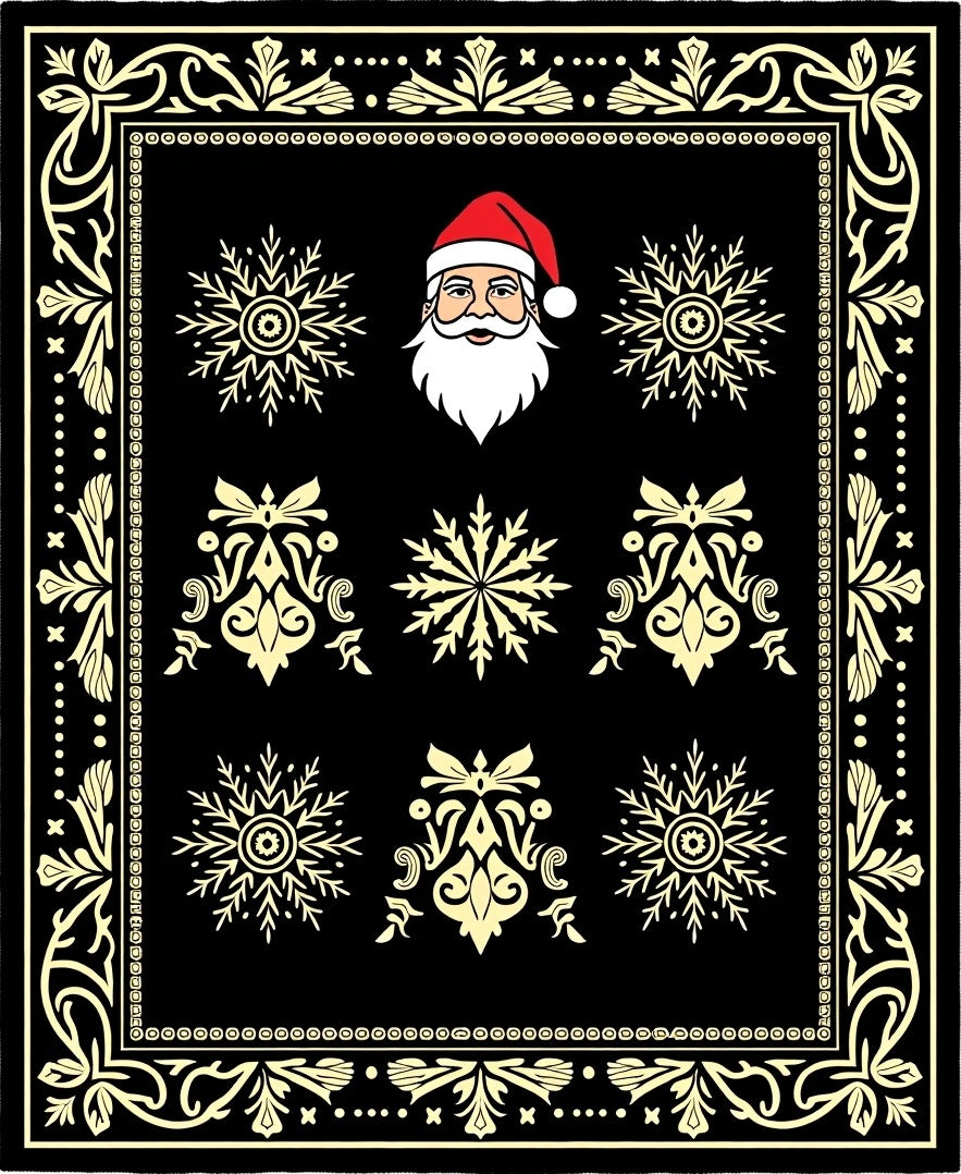 Black Cream Festive Santa Snowflakes Border Rug
